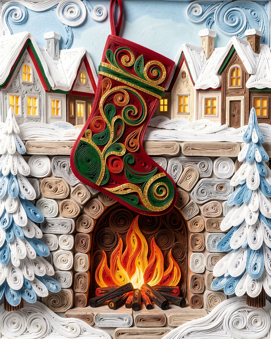 a Christmas stocking hung above a crackling fireplace, in a snow-covered village square, composed with a cozy, inviting central focal point, in classic holiday tones of red, green, and gold.