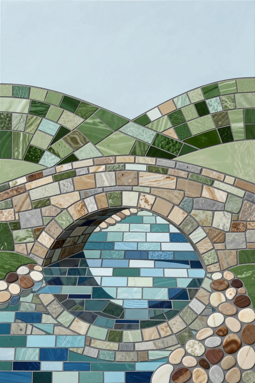 A quiet countryside stream crossed by a weathered stone footbridge.