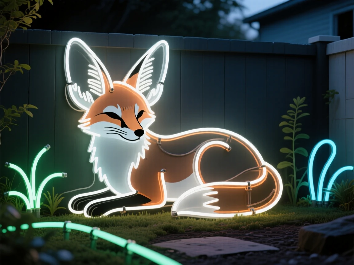 a fennec fox with oversized ears in a quiet backyard garden.