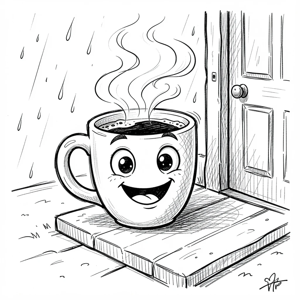 A coffee mug steaming happily on a rainy morning beside a front door ready for adventure.