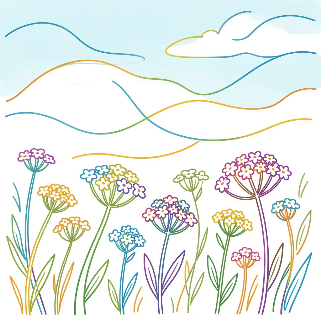 A field of wild yarrow swaying gently beneath a wide summer sky.