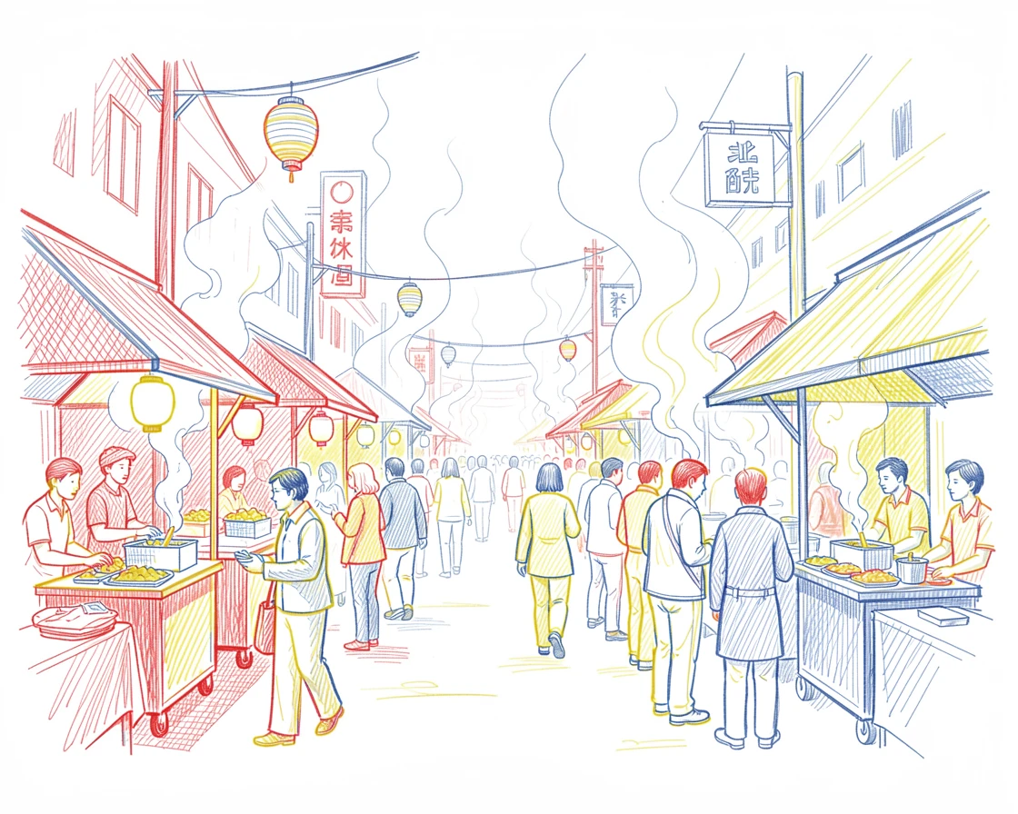 A busy night market street filled with steam from food stalls