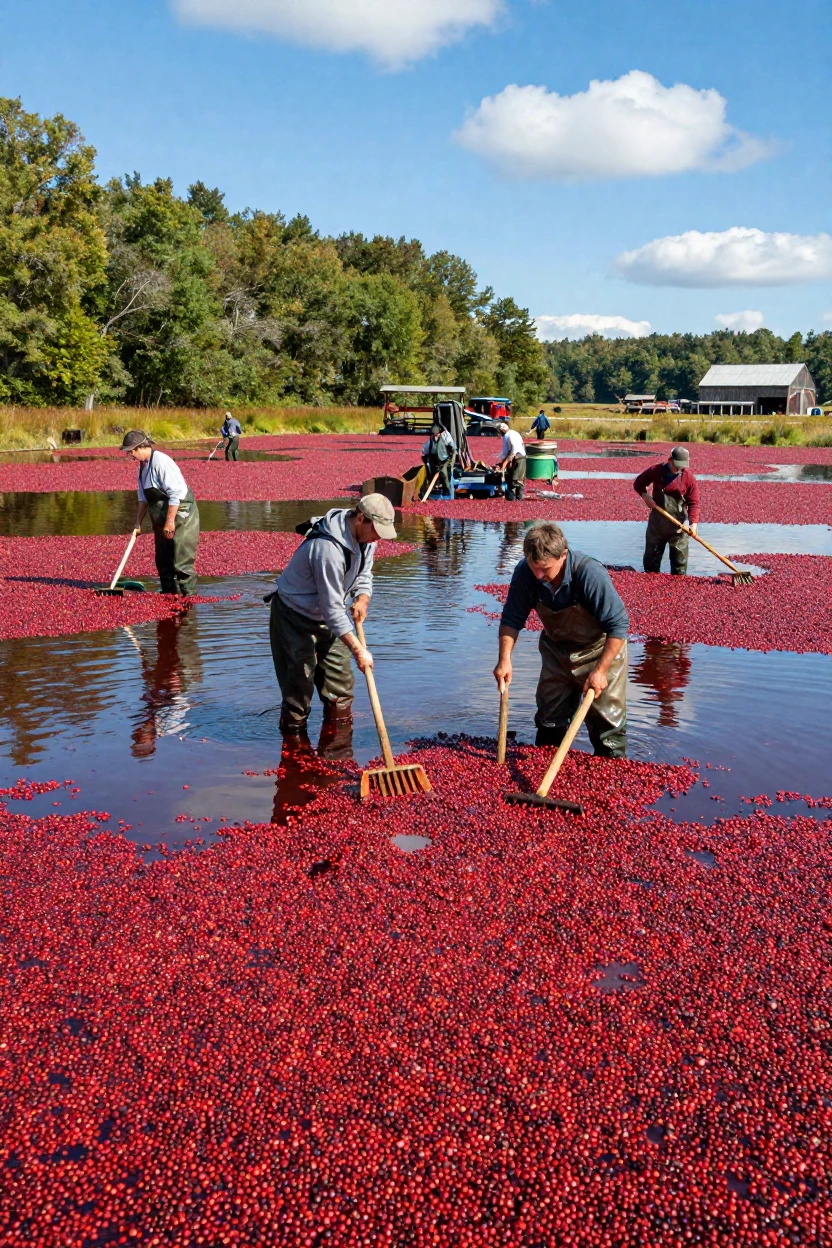 A cranberry bog being harvested in vivid red water