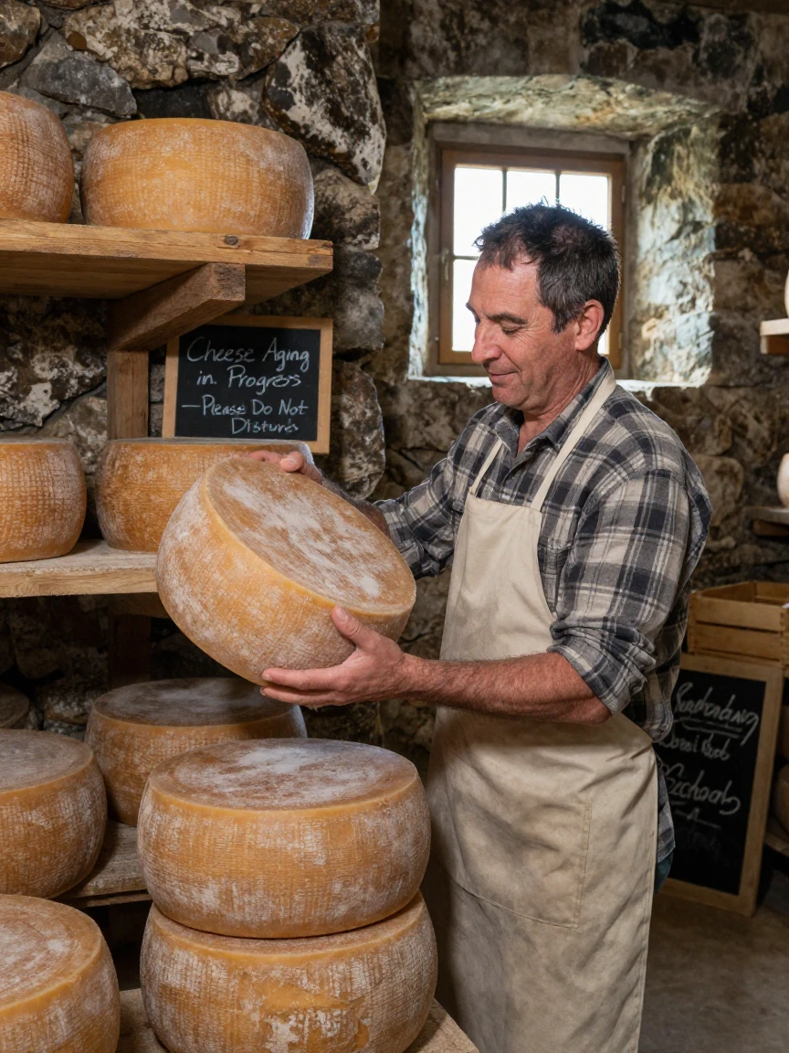 A cheese maker checks a wheel of aging cheese in a cool stone cellar.
