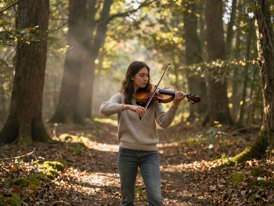 A young violinist focused entirely on the moment at hand along a forest trail