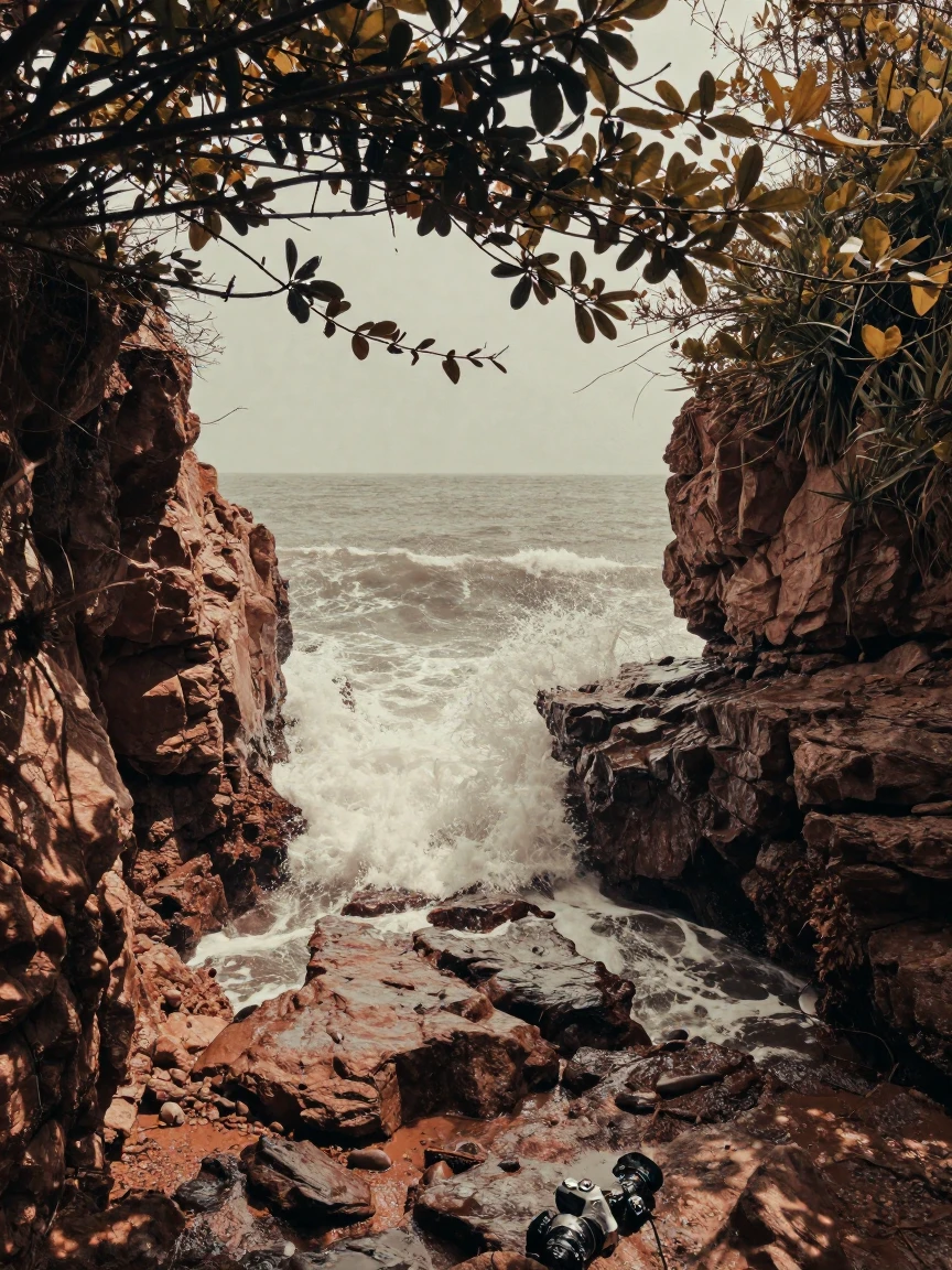 Waves crashing against a rugged, rocky coastline, in dappled light filtering through leaves, under a light drizzle, in early spring, in earthy terracotta and ochre shades, framed symmetrically down a long corridor.