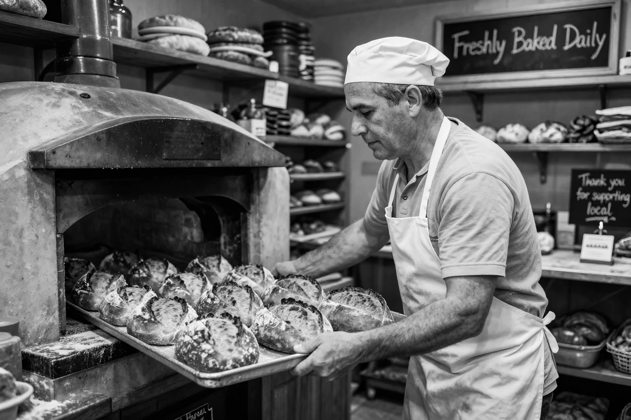 A baker pulls a tray of golden loaves from the oven inside a small neighborhood bakery.