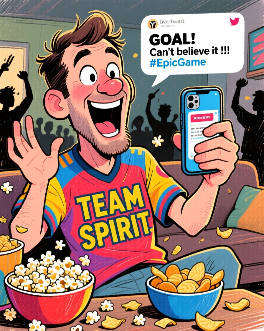 A man live-tweeting reactions during a big sports game, jersey on, snacks nearby.