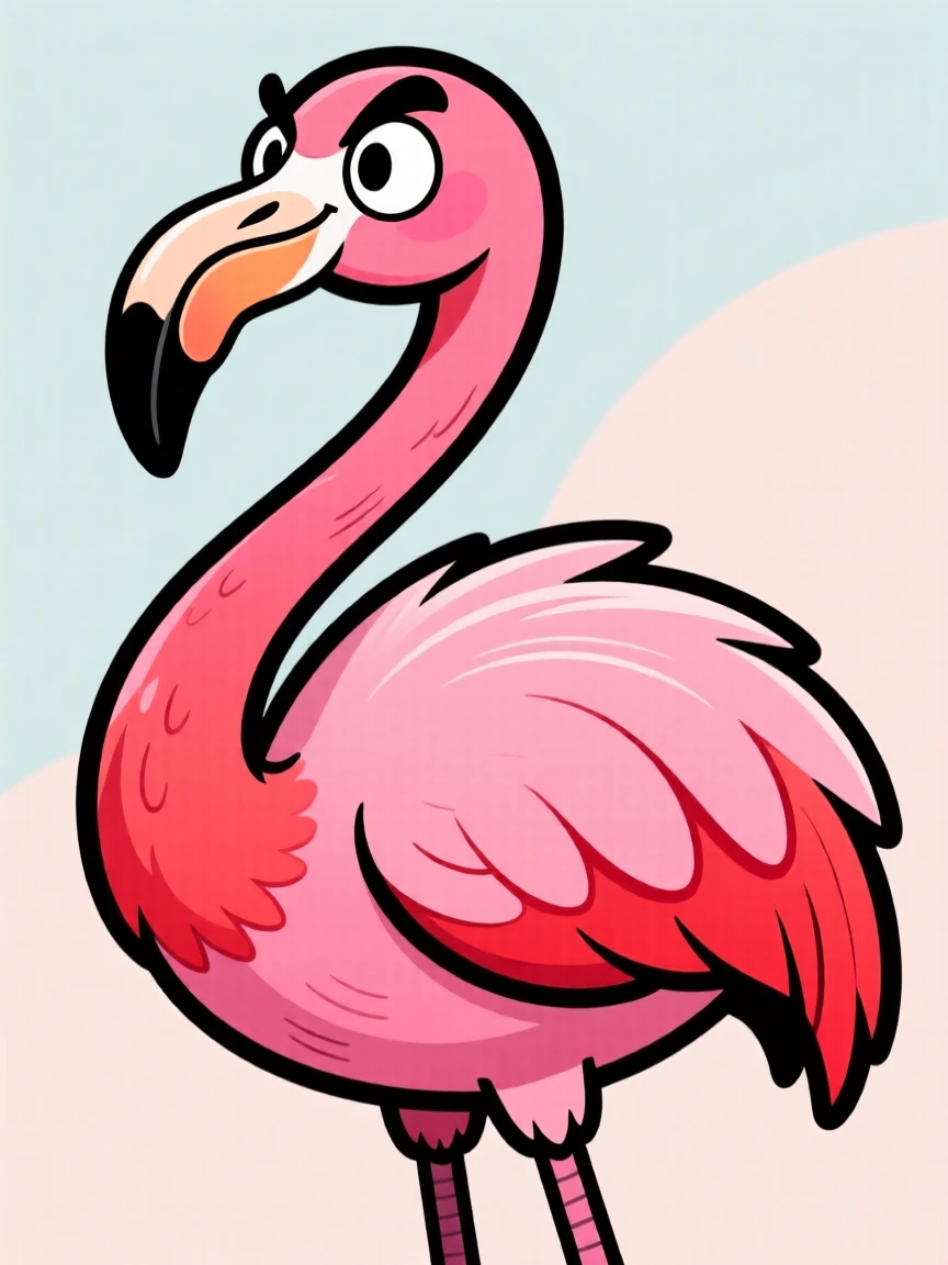 A charming animal moment featuring a sassy flamingo puffing up proudly to look twice its size, with an exaggerated, comically expressive face.