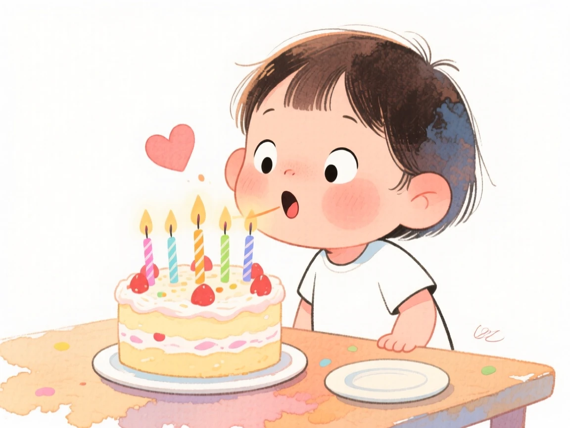 A heartwarming scene of a child blowing out candles on a birthday cake