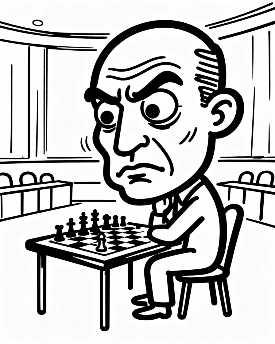 A chess grandmaster contemplating a decisive move in a quiet, tense tournament hall.