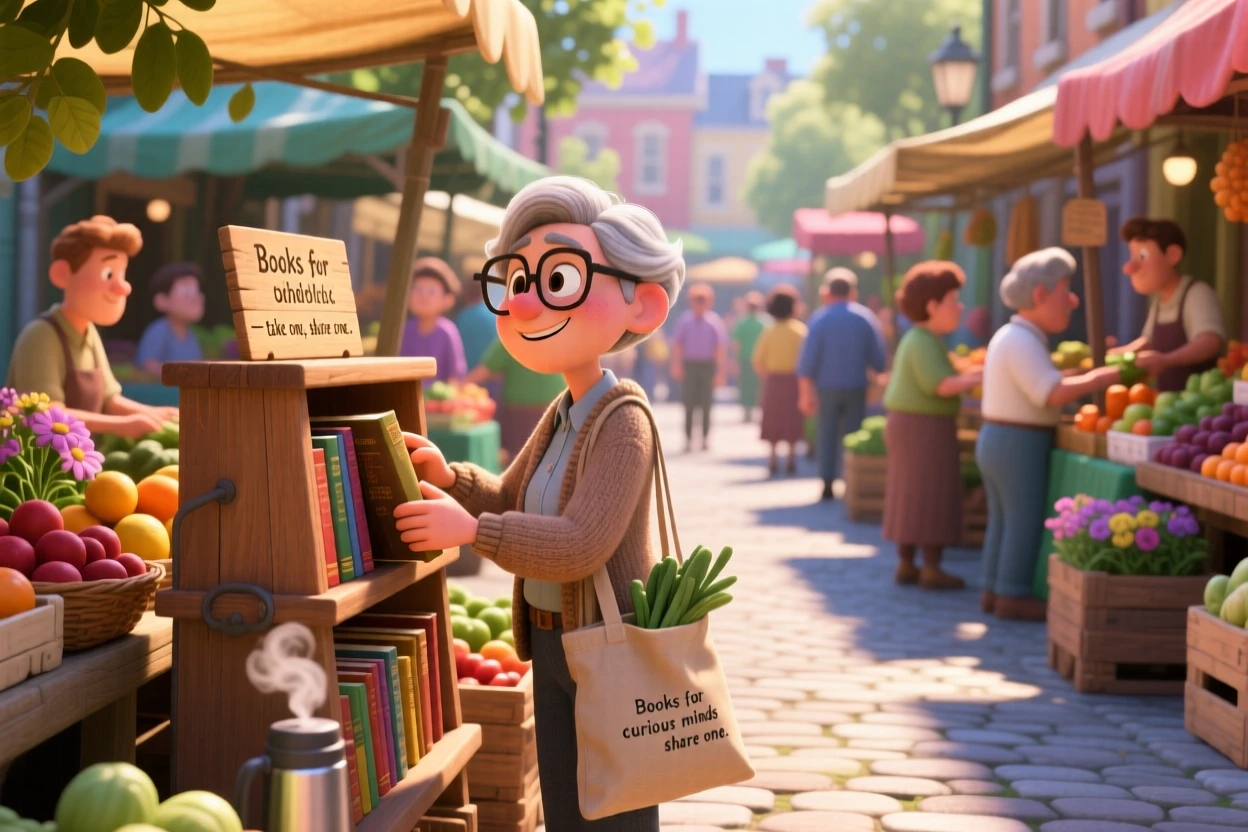 A librarian reshelving books in a quiet aisle is captured at a sunny farmers market bustling with vendors, with warm morning light spilling across the scene. A quiet, wholesome charm lingers over the moment.