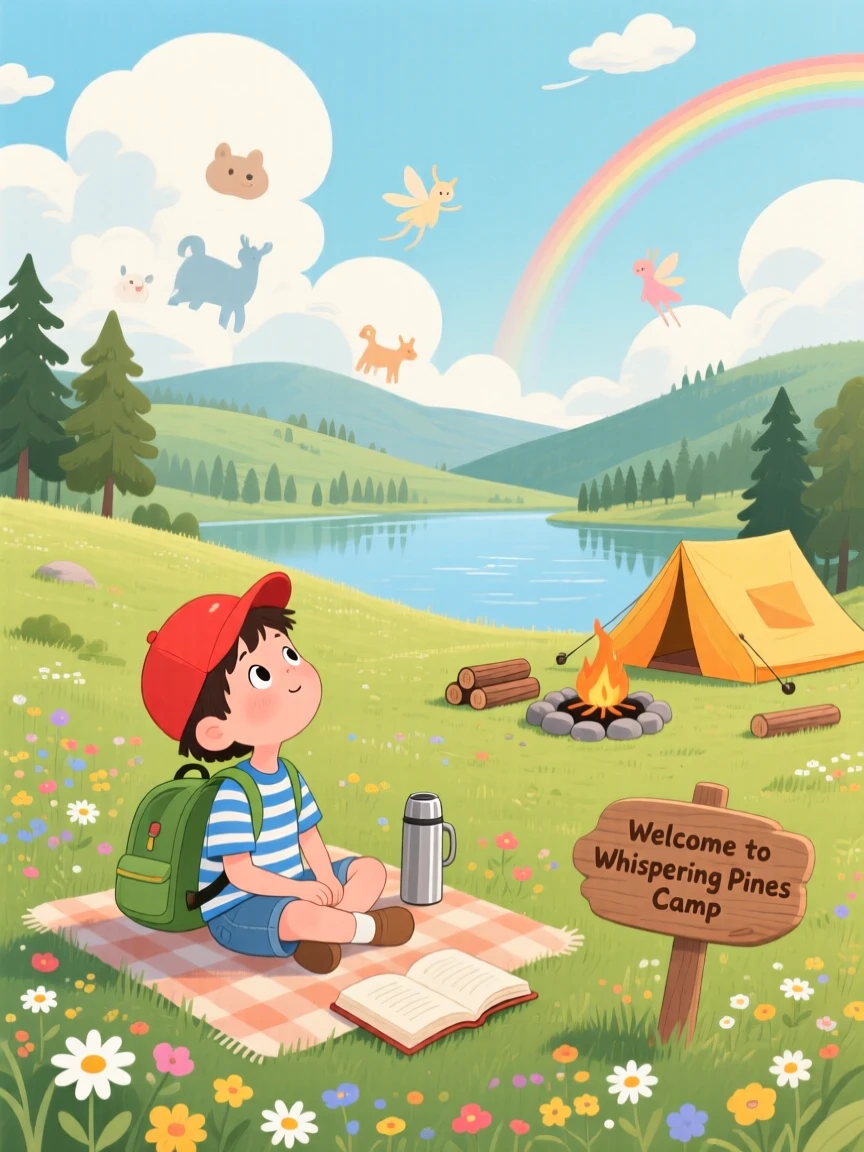 A curious camper spends the day watching clouds drift by from a hilltop meadow through a quiet lakeside campsite, while a rainbow arches faintly over the valley.