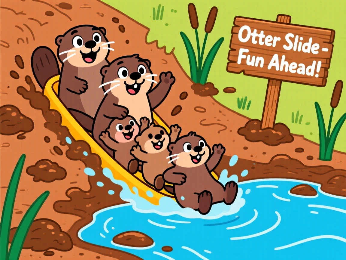 A family of otters sliding down a muddy riverbank.