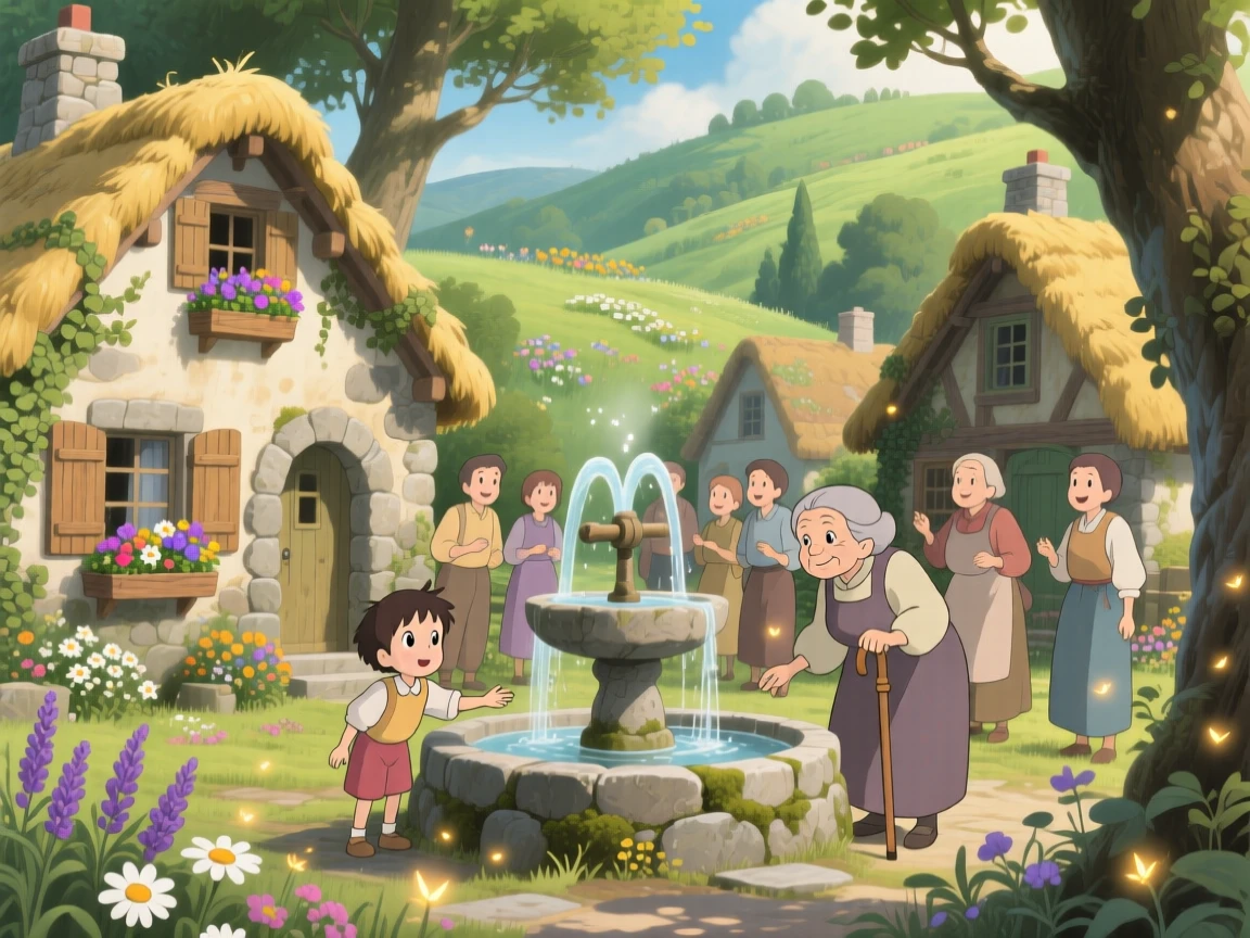 A cluster of stone cottages with thatched roofs, with villagers chatting near a well-worn fountain, under a warm afternoon sun.