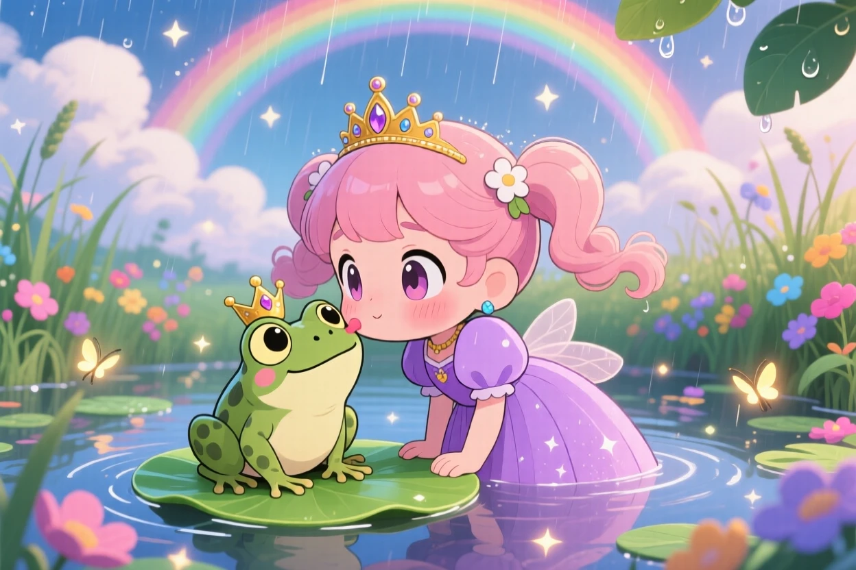 A small princess kissing a friendly frog on a lily pad, framed as an over-the-shoulder view within a fairy-tale garden pond, under a rainbow after the rain, glowing under sparkling starlight, evoking shy bashfulness.