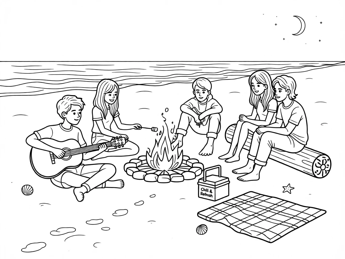 A beach bonfire with friends gathered around playing guitar, with footprints trailing across the sand.