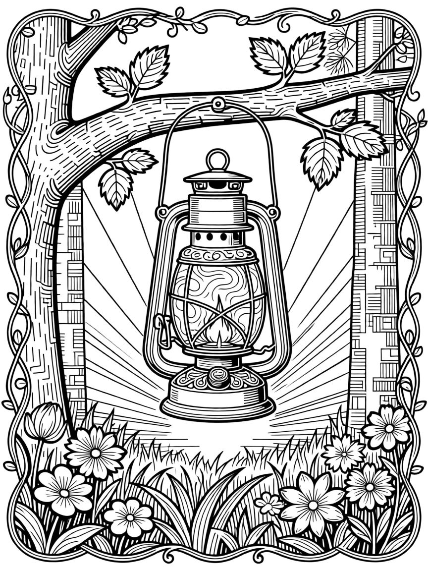 A vintage lantern hanging from a branch, glowing softly at dusk.