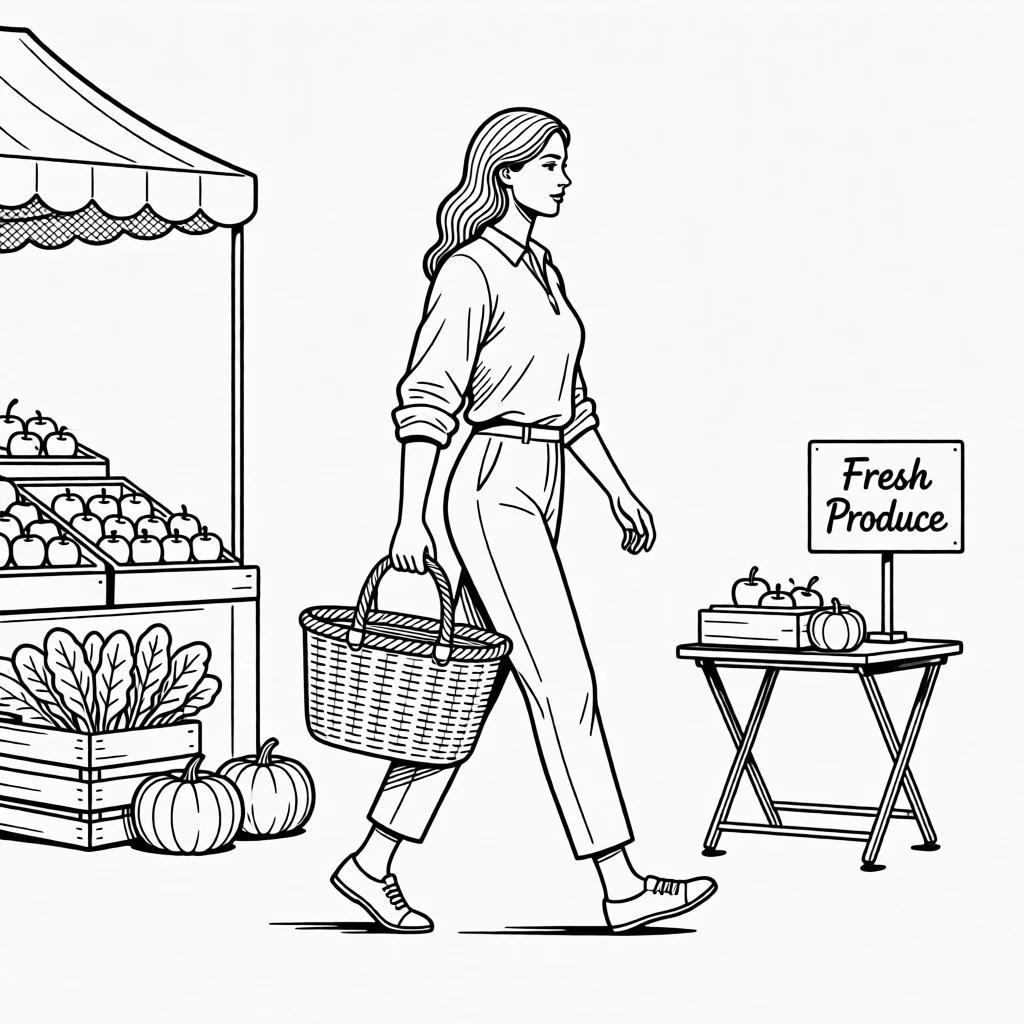 A person walking through a farmers market with a woven basket