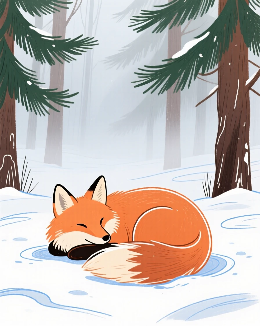 A curious fox curled up together in a snowy pine forest as fog rolls in.