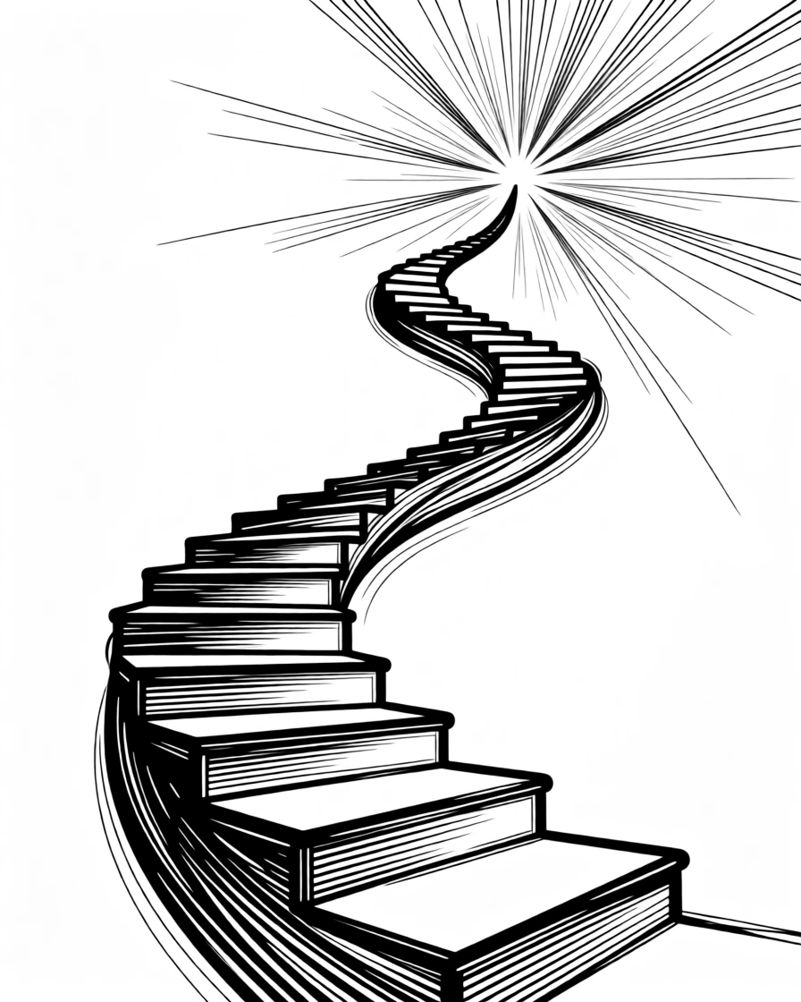 A single winding staircase spiraling upward into a burst of light.