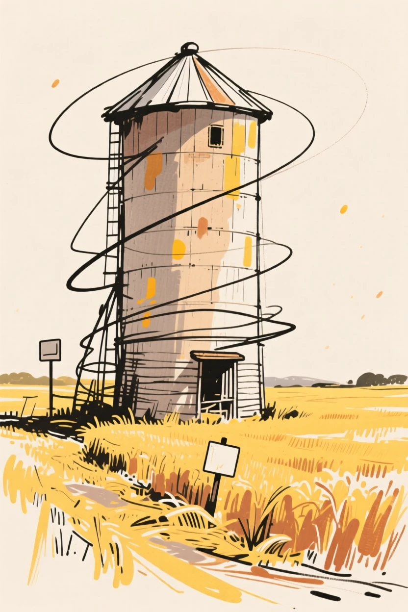 A rustic silo standing tall beside a golden field at harvest time.