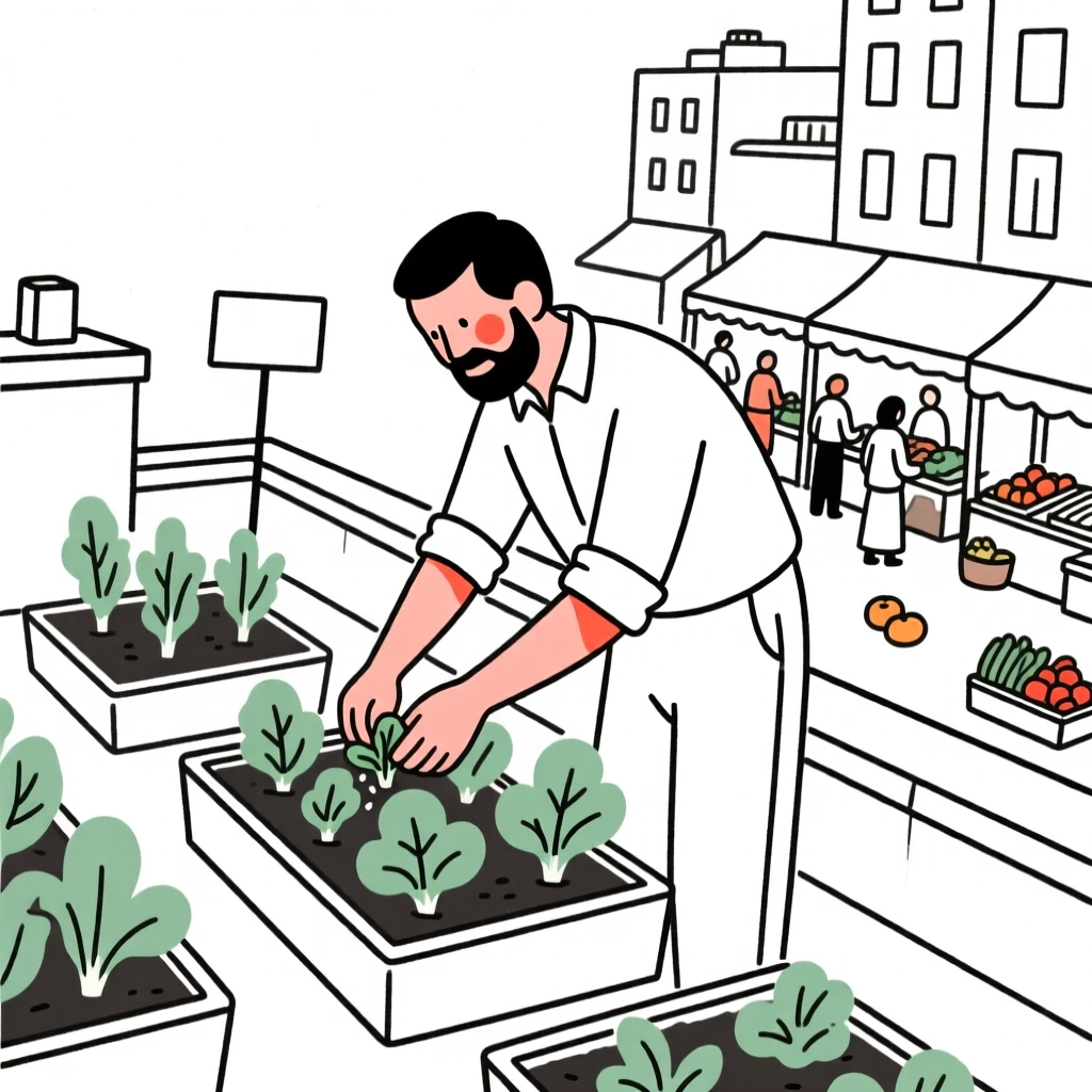 A father of Turkish heritage tending a rooftop vegetable garden, in a bustling city market.