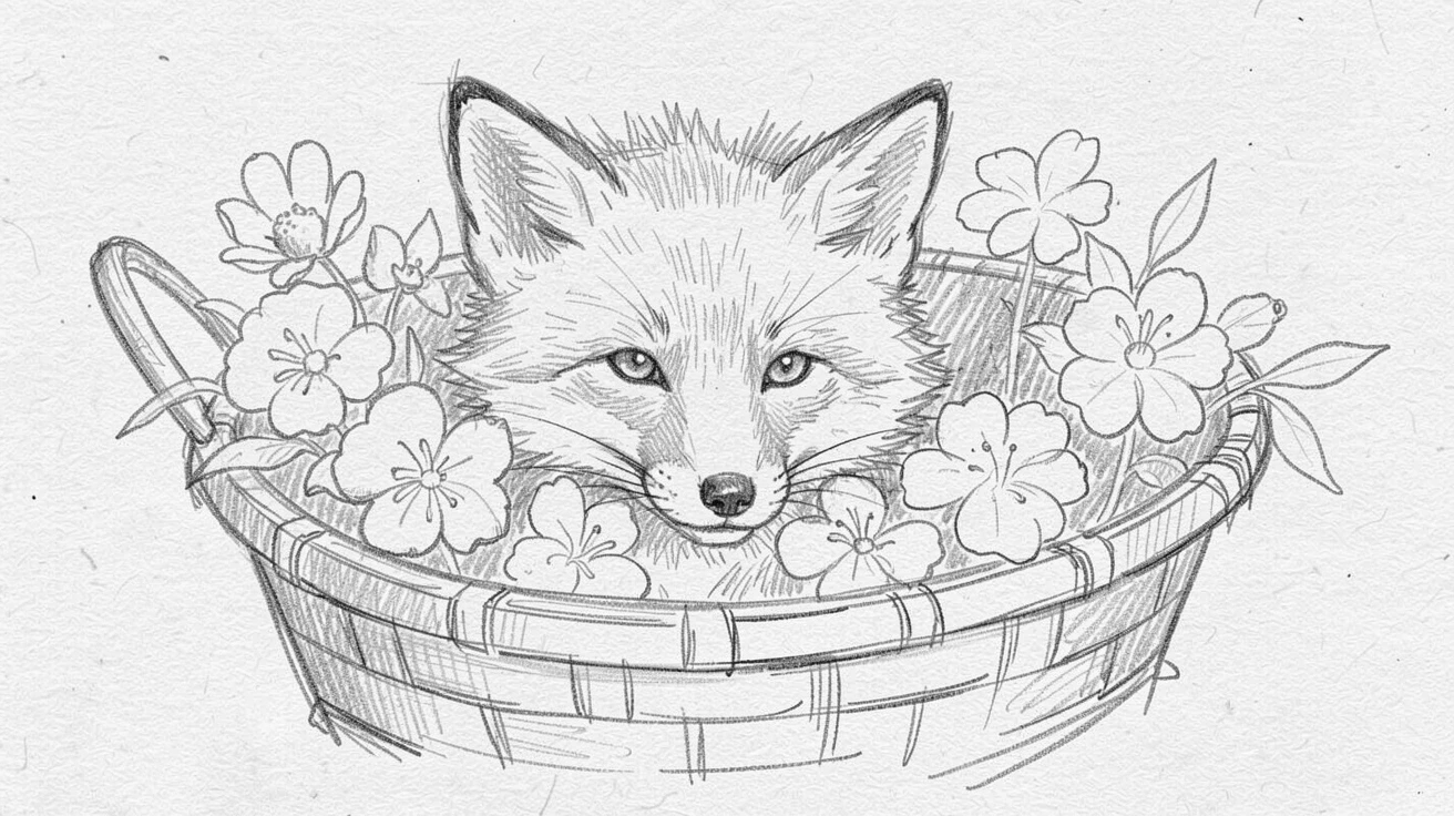 A baby fox peeking out from its den, in a basket of soft flowers, looking utterly adorable and at ease.