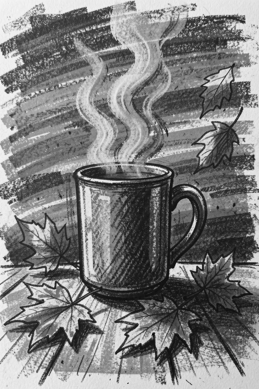 A cozy autumn scene with a steaming mug and falling leaves, beneath a sky streaked with sunset colors.