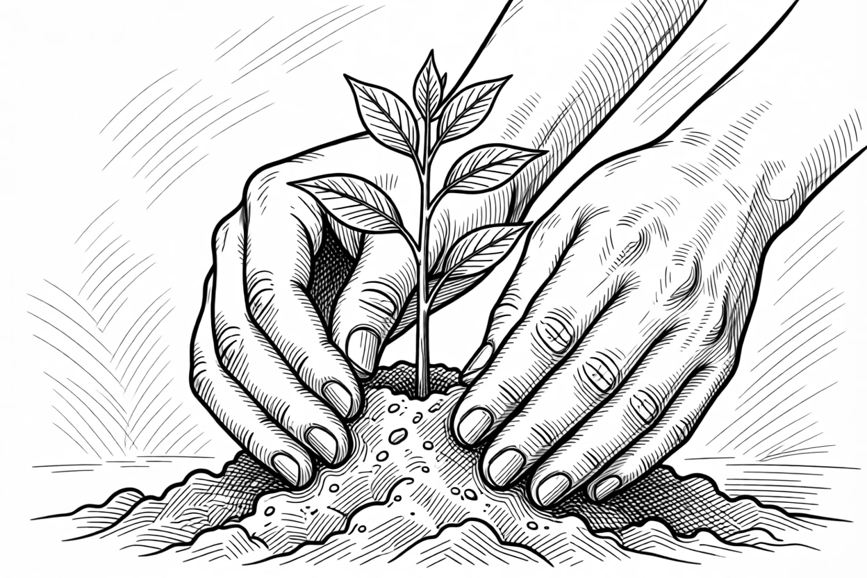 A pair of hands gently planting a small tree sapling in fresh soil.