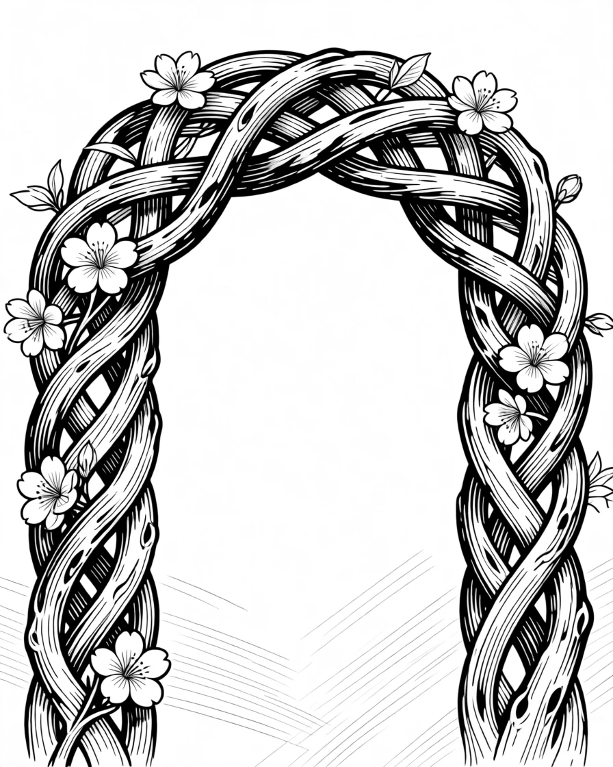 A decorative arch made of woven branches and blossoms set against a softly textured background, with a harmonious balance of positive and negative space, forming a harmoniously balanced decorative composition.