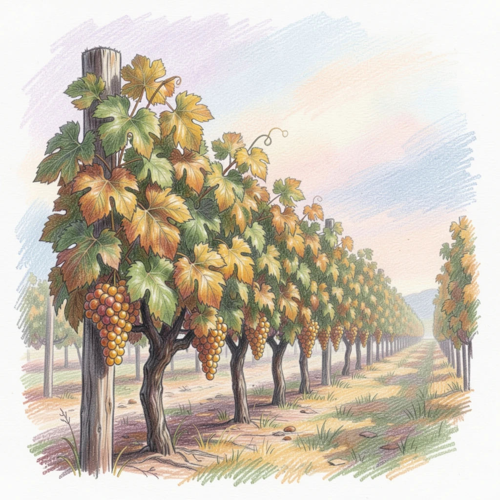 A rustic countryside vineyard row glowing gold at harvest time, set against a softly lit, atmospheric backdrop, radiating comfort, joy, and quiet beauty.