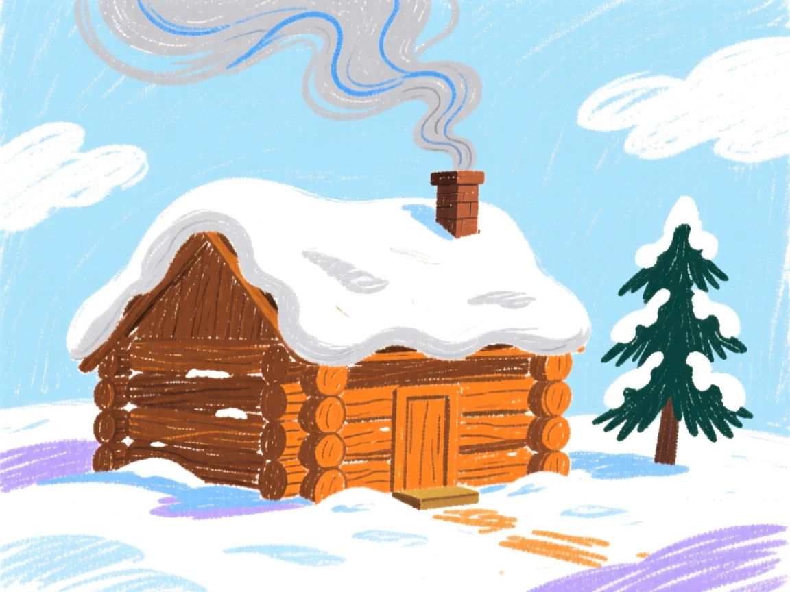 A cozy log cabin with smoke curling from its chimney in snow.