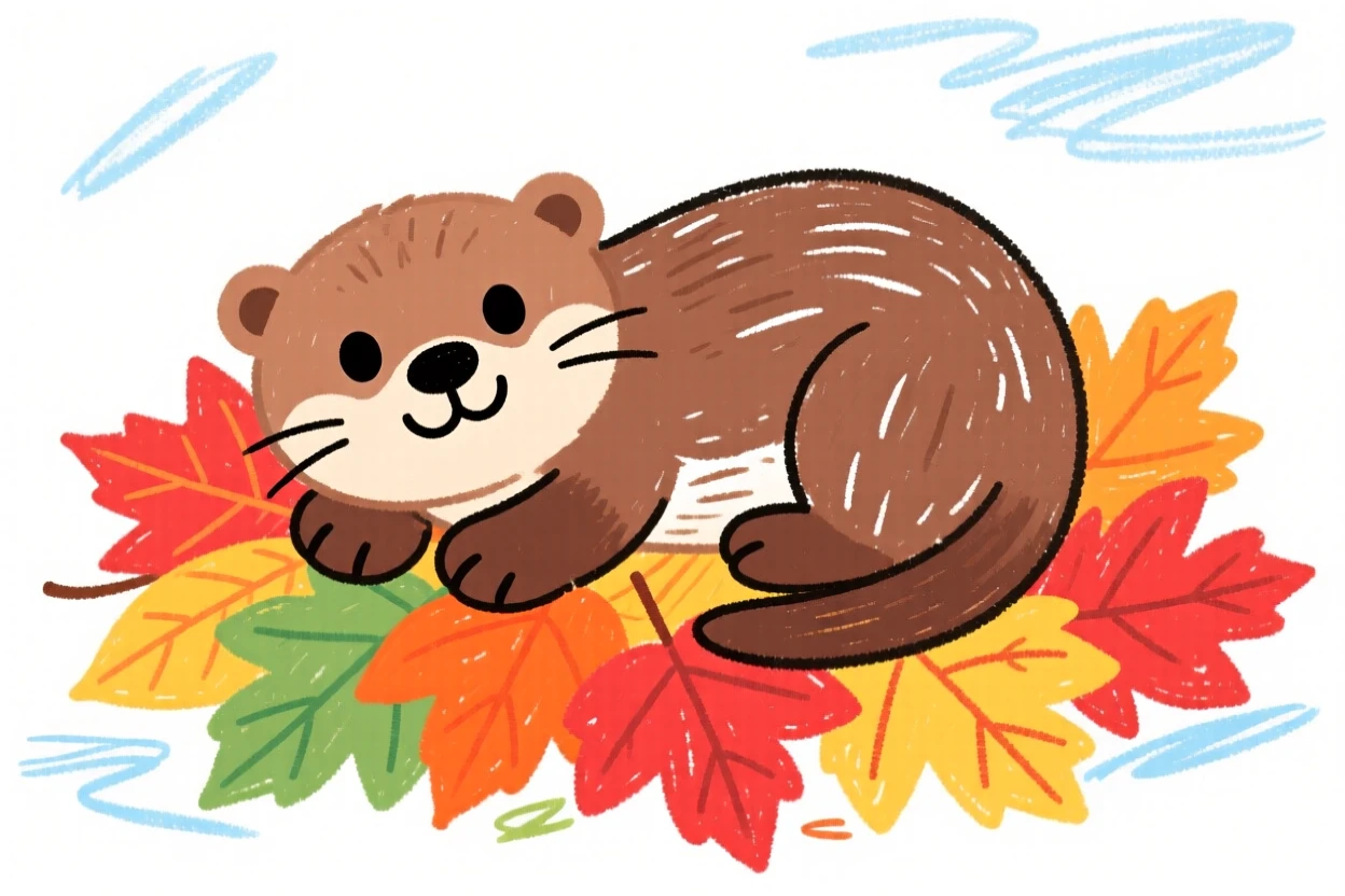 A playful otter pup curled up on a pile of autumn leaves.