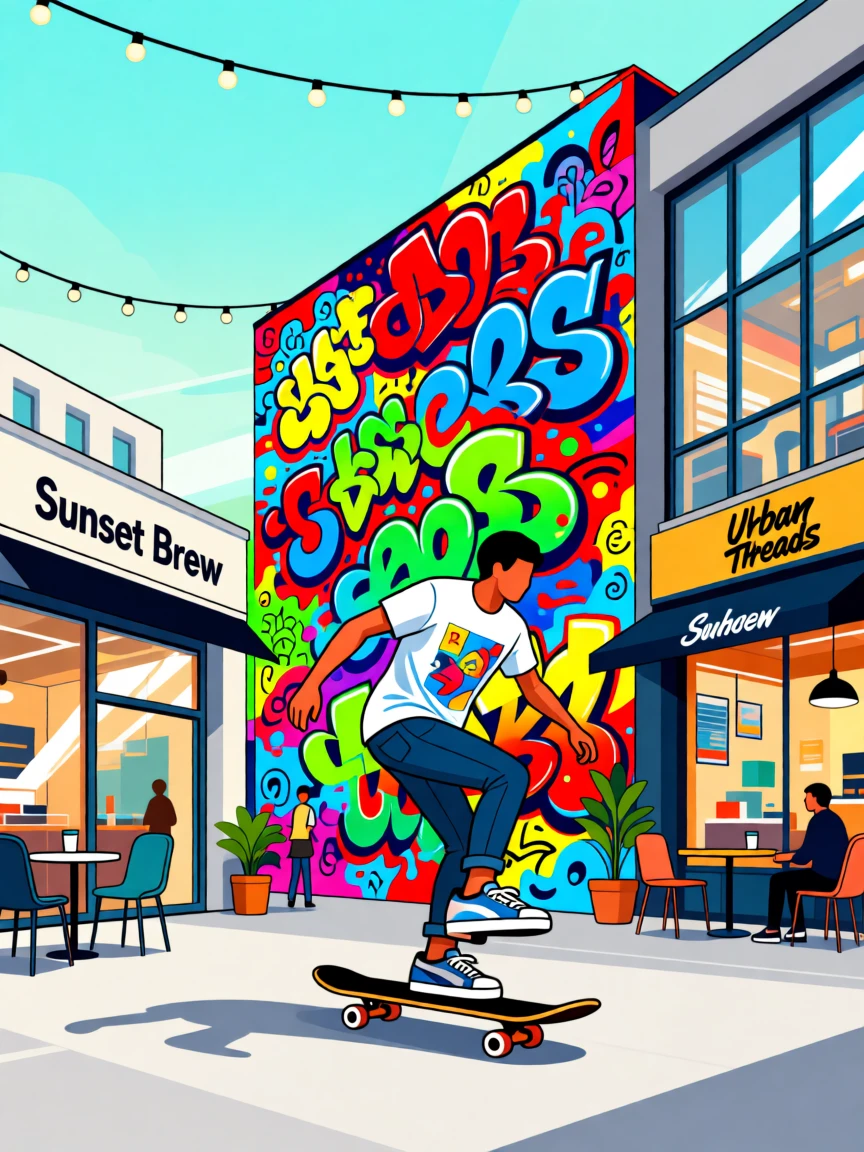 A skateboarder gliding past a wall covered in vibrant graffiti art, surrounded by trendy shops and cafés, arranged with vibrant background detail supporting the subject, with vibrant, trendy colors that feel fresh and current.