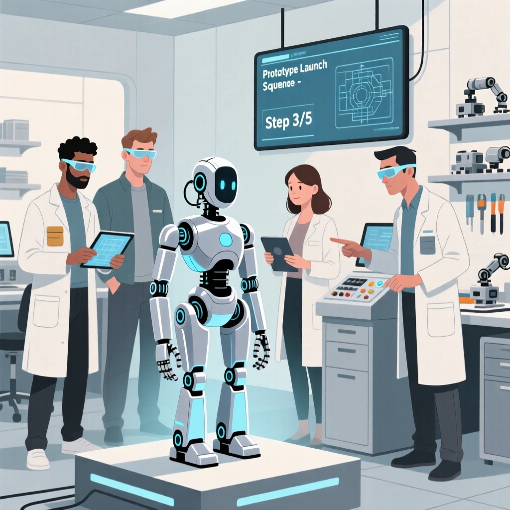 A team of scientists launching a prototype in a modern robotics workshop.
