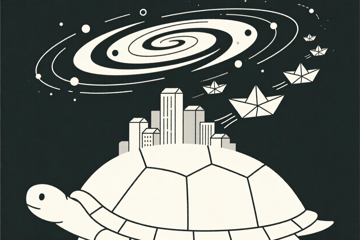 A dreamlike city built atop a turtle's shell rising from a galaxy swirling overhead, filled with paper boats sailing on air, evoking wondrous imagination.