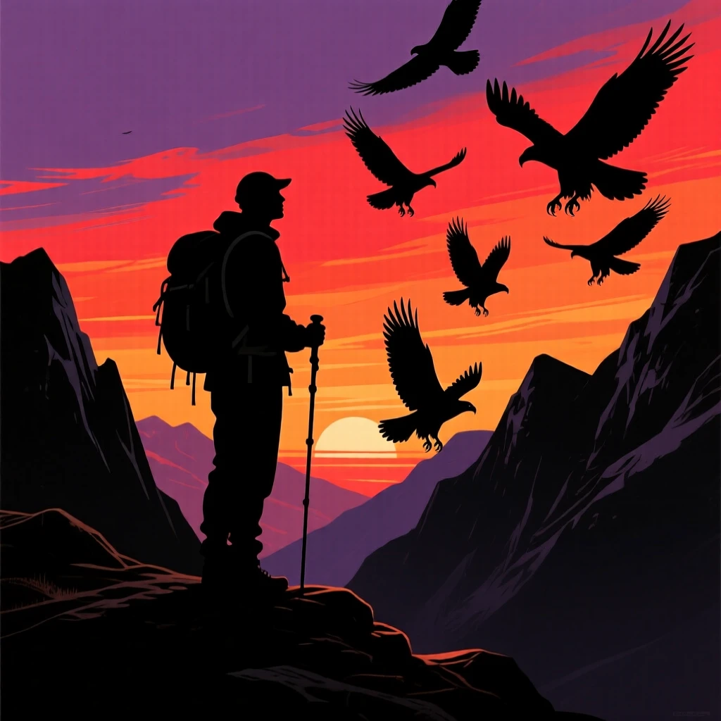 A single hiker pausing at a mountain pass to watch eagles circle below.