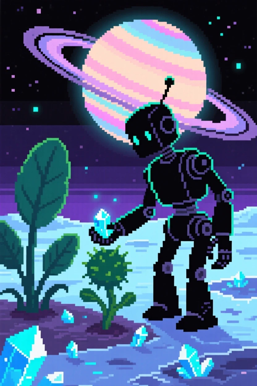 A robotic gardener tending space plants collecting glowing space crystals, on a frozen moon under a ringed planet's glow.