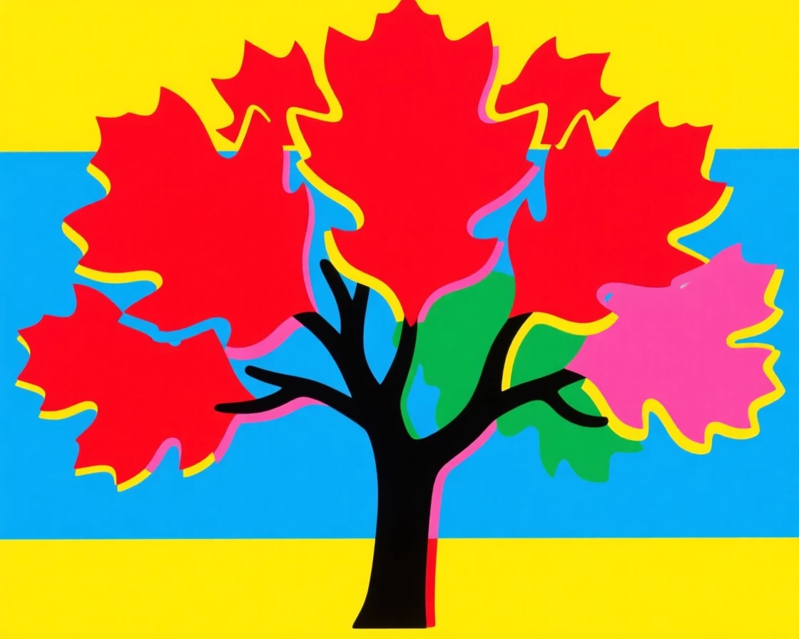 Autumn oak tree with a canopy of red leaves