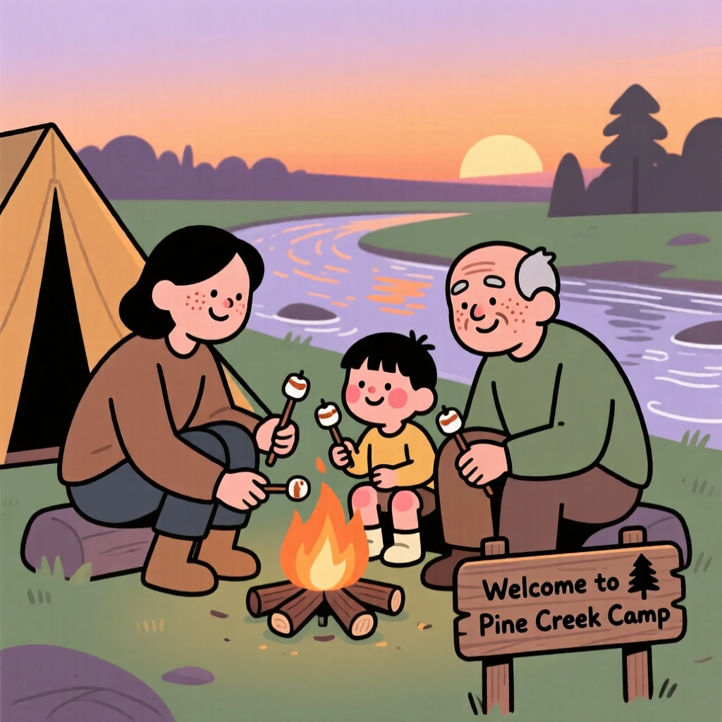 A family sets up camp beside a gentle stream as a soft orange sunset fades behind the tree line, roasting marshmallows around a small fire.