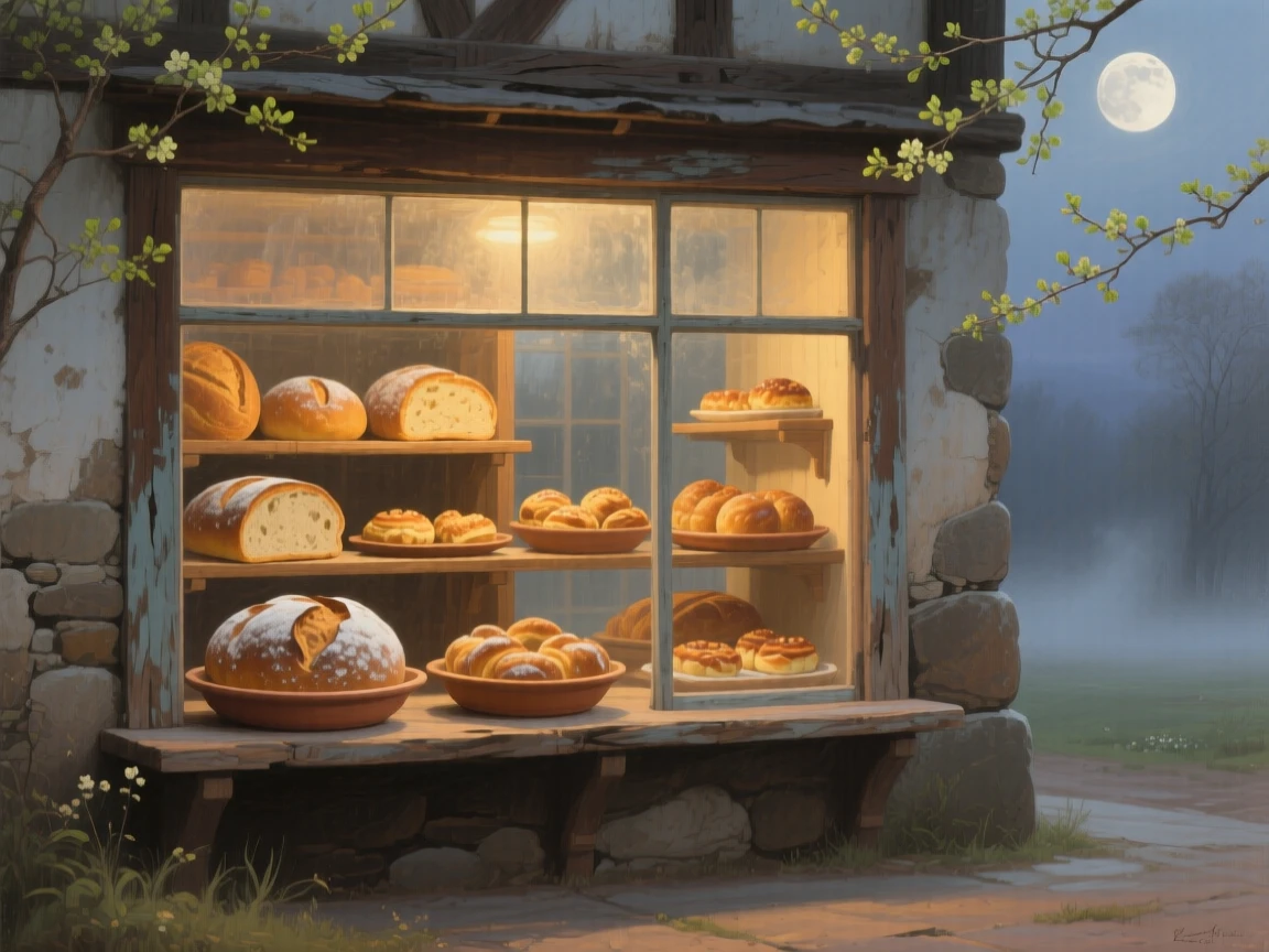 A centered composition of a rustic bakery window filled with golden loaves and pastries, under a full moon, in early spring.