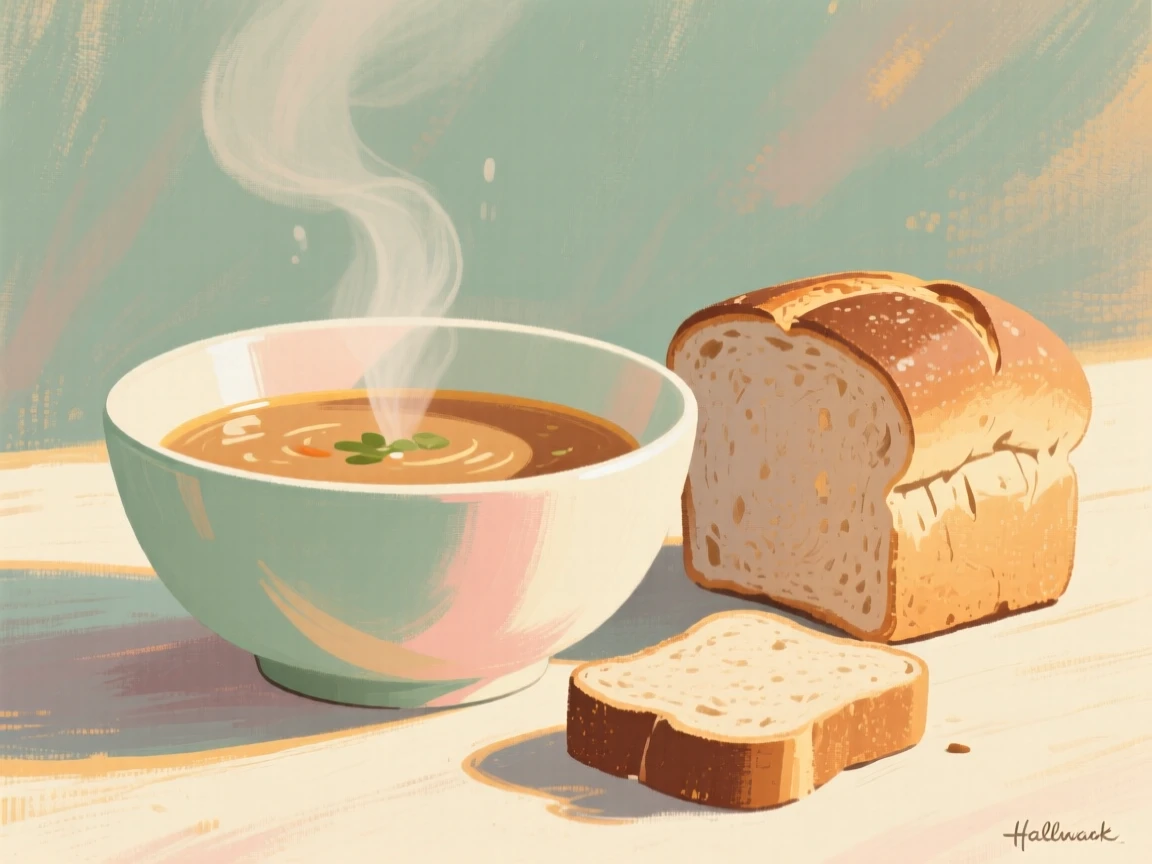 A steaming bowl of soup beside a crusty loaf of bread