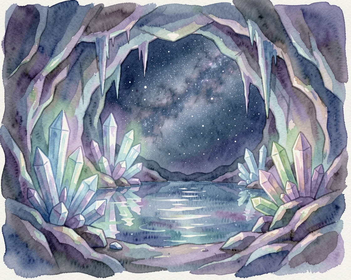 A cave with glowing crystals under a starry night sky with reflections shimmering on the water.