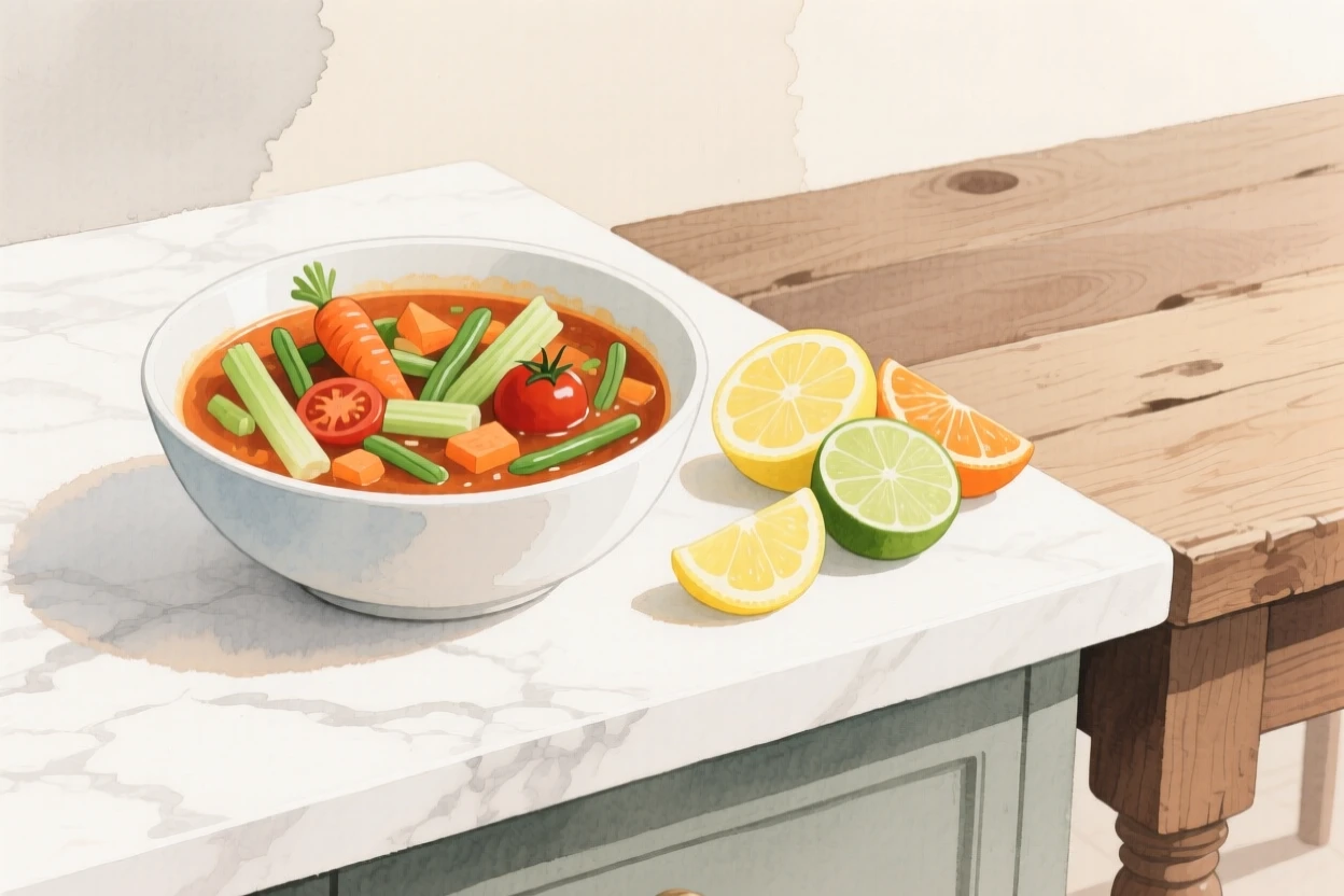 A bowl of hearty vegetable soup sits on a marble counter beside citrus slices on a rustic farmhouse table, arranged beautifully for a delightful meal
