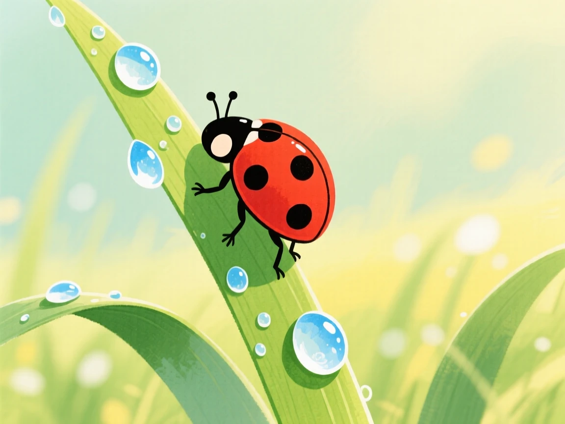 A vivid scene of a ladybug climbing a dew-covered blade of grass.