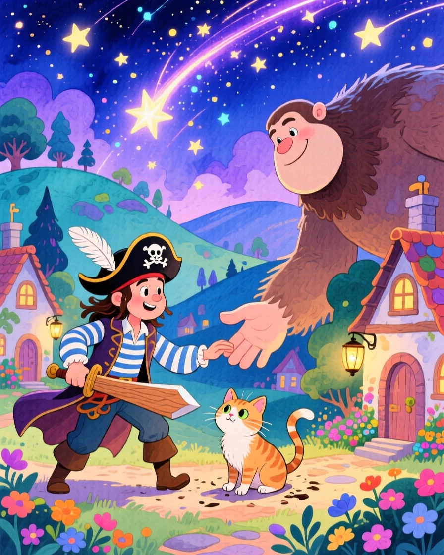 A pirate captain battling gently with a friendly giant for a lost kitten, in a sky full of shooting stars over a fantasy village, filled with wonder and magical excitement.