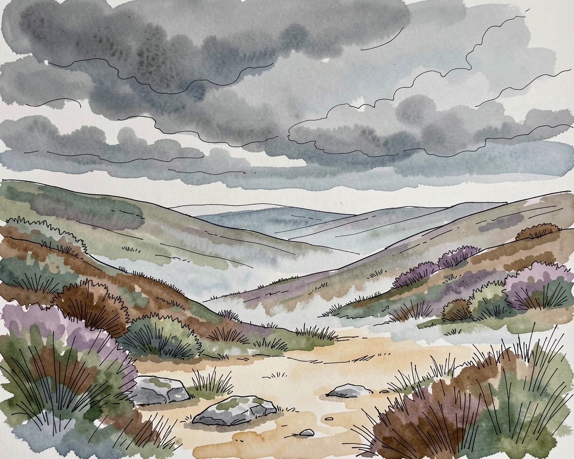 A misty highland moor stretching beneath a brooding grey sky, the air still and cool with the promise of a new day.