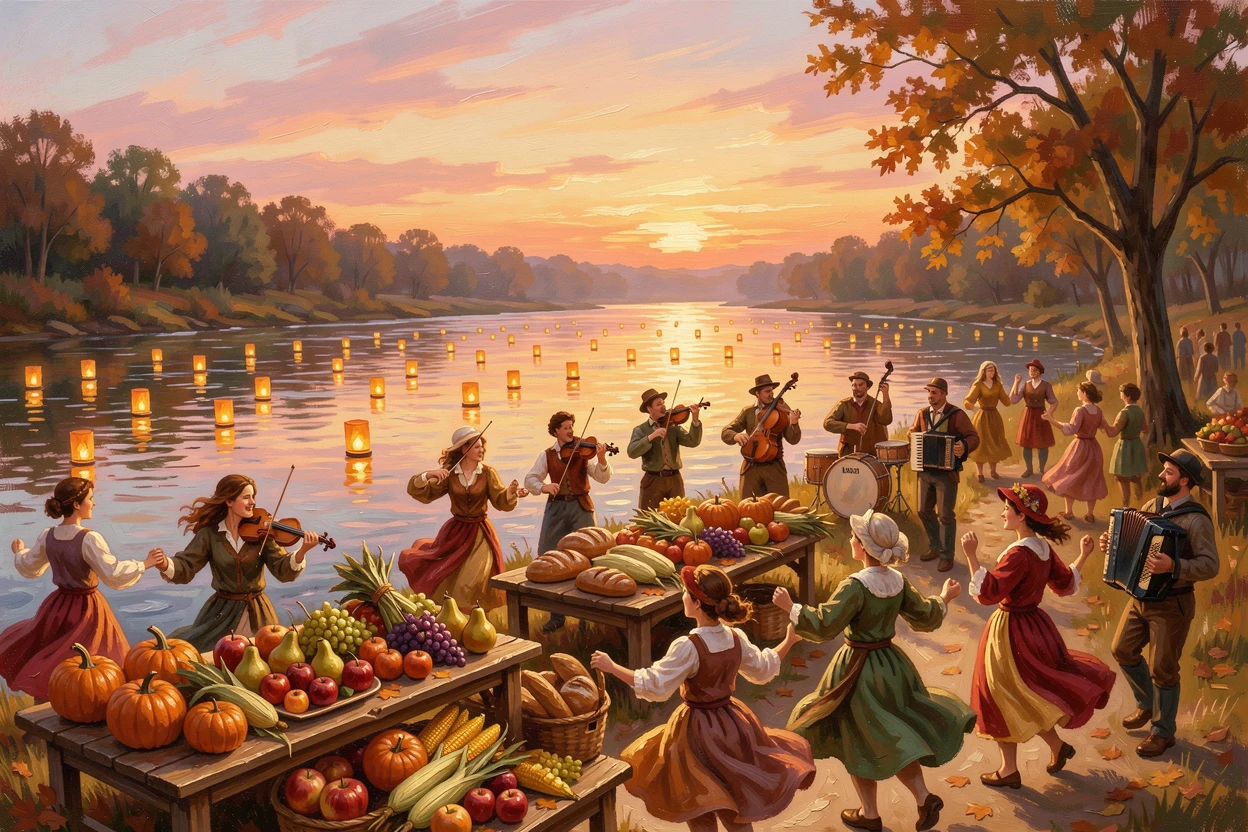 Beside a river reflecting the glow of floating lanterns, a harvest festival with tables laden with autumn produce, musicians playing lively music for dancing crowds, as the sun sets behind the festival grounds.