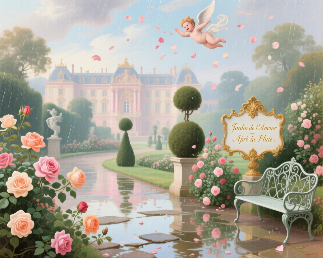 A palace garden after rain, with reflections of roses in the stone paths  